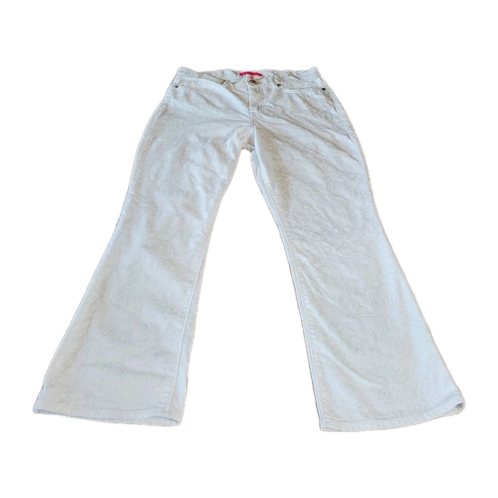 Lilly Pulitzer Women's Sz 10 Jeans White Floral Flare Leg Jeans Stretch Coastal